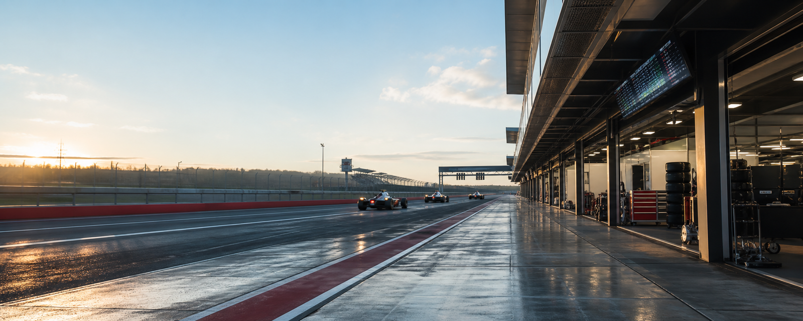 Race circuit pit lane at sunrise